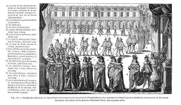 Knights of the Holy Spirit "Vintage engraving showing the Cortege of the Knights of the Holy Spirit through the courtyard of the palace of Fontainebleau. The Order of the Holy Spirit, also known as the Order of the Knights of the Holy Spirit, ( L'Ordre des Chevaliers du Saint-Esprit) was an Order of Chivalry under the French Monarchy." chateau de fontainbleau stock illustrations