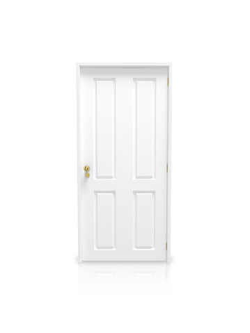 A closed white door isolated on a white background. Clipping path supplied with files.