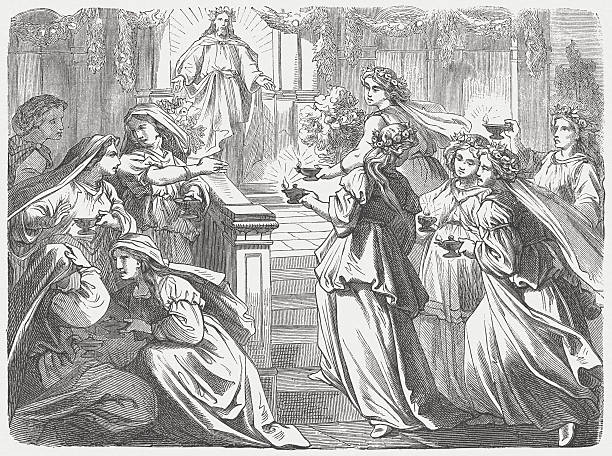 Parable of the Ten Virgins "Parable of the wise and foolish virgins (Matthew, Chapter 25). Woodcut after a drawing by Julius Schnorr von Carolsfeld (German painter, 1794 - 1872) from my archive, published in 1877." sysmbolic stock illustrations