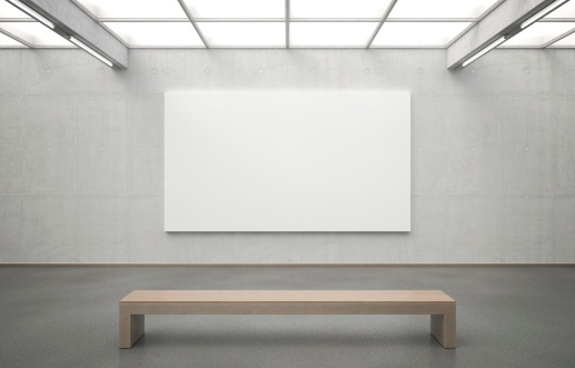 Royalty-free image of a modern museum with an empty canvas for you to fill. The room features clear architecture and smooth lighting. The used materials are highly detailed and accurately constructed. Zoom in to see the pores in the concrete or the individual stones embedded in the asphalt floor.