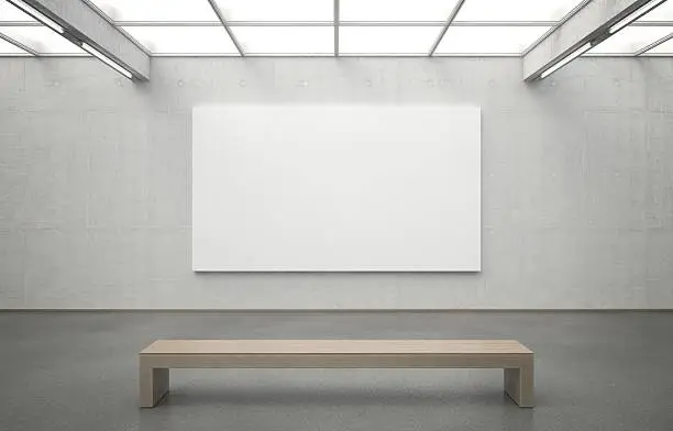 Royalty-free image of a modern museum with an empty canvas for you to fill. The room features clear architecture and smooth lighting. The used materials are highly detailed and accurately constructed. Zoom in to see the pores in the concrete or the individual stones embedded in the asphalt floor.