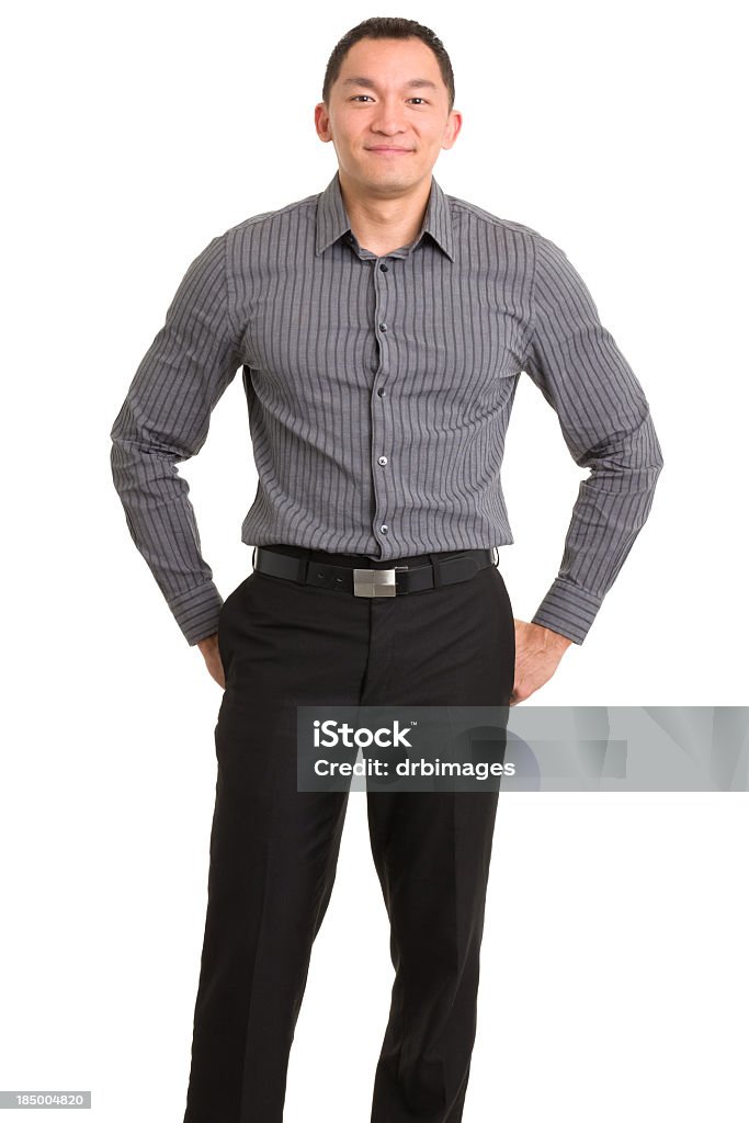 Standing Content Asian Man Portrait of a young man on a white background. http://s3.amazonaws.com/drbimages/m/pg.jpg Button Down Shirt Stock Photo