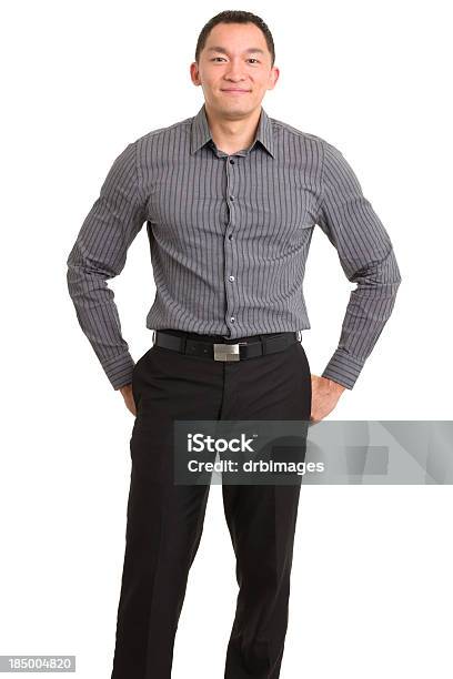Standing Content Asian Man Stock Photo - Download Image Now - Button Down Shirt, Black Color, Pants