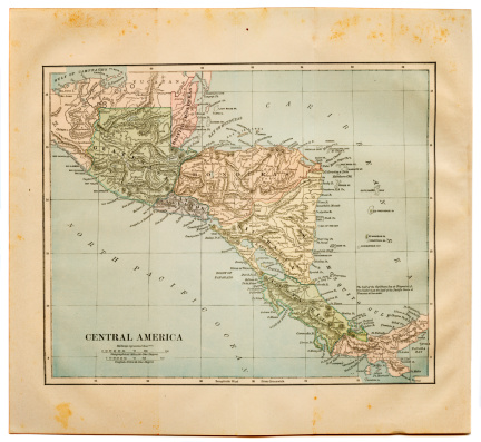 stained map of central america with original edges borders (1884)