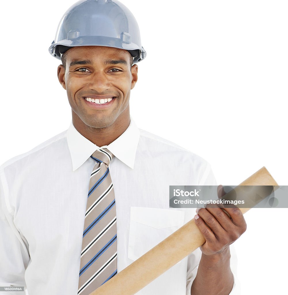 Businessman in a Hardhat Businessman in a hardhat holding blueprints. Horizontal shot. Isolated on white. 20-29 Years Stock Photo