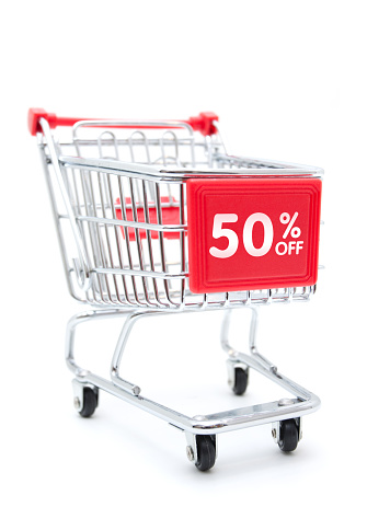 Shopping Sale - 50% Discount with Shopping Cart isolated on white background