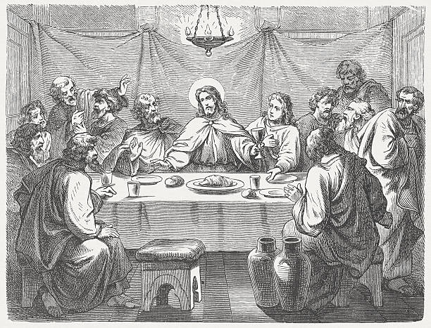 Jesus and his disciples at the Last Supper, published 1877 "Jesus and his disciples at the Last Supper. Woodcut after a drawing by Julius Schnorr von Carolsfeld (German painter, 1794 - 1872) from my archive, published in 1877." last supper stock illustrations