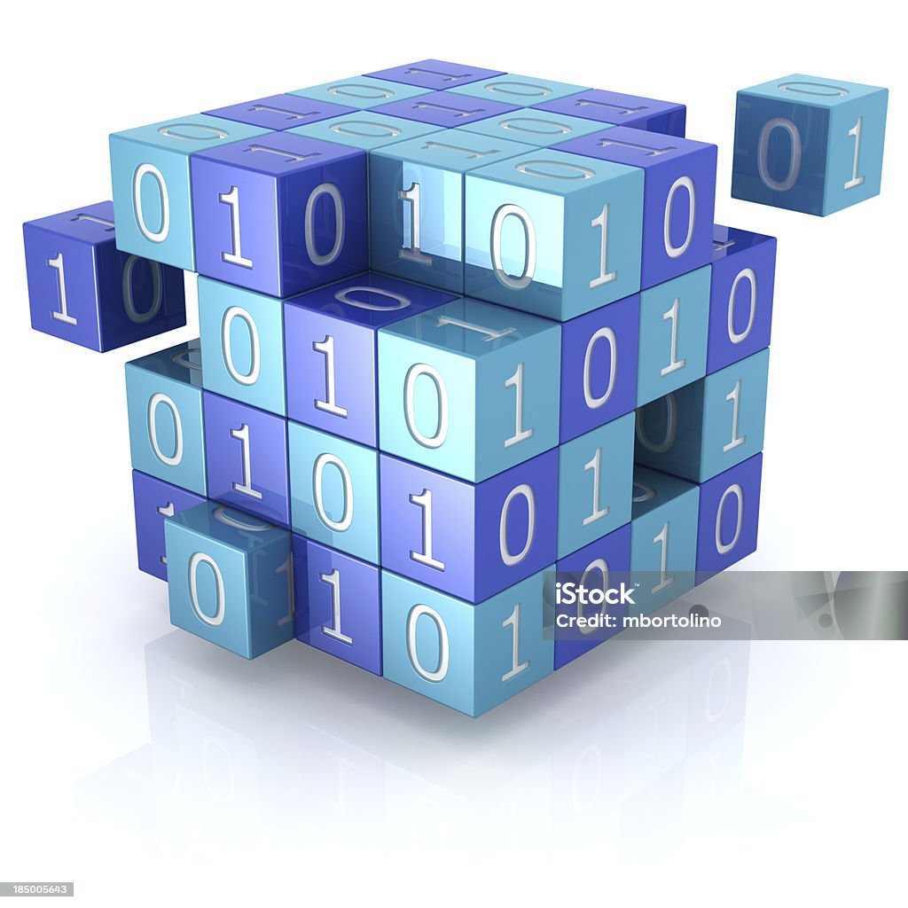 Data encryption concept 3d render of interlocking blue cubes with binary digits; data encryption or general cryptography concept. Isolated on a white background. White Background Stock Photo