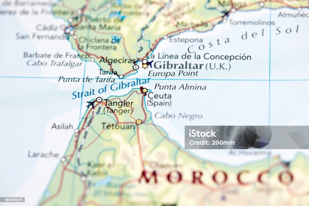 Strait of Gibraltar "Photo map of Strait of Gibraltar. Shallow depth of field, focus on the Strait of Gibraltar and the area nears it." Tangier Stock Photo