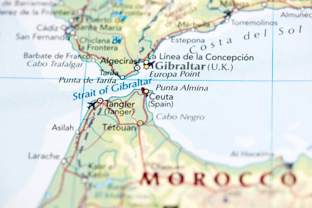 Strait of Gibraltar "Photo map of Strait of Gibraltar. Shallow depth of field, focus on the Strait of Gibraltar and the area nears it." ceuta map stock pictures, royalty-free photos & images