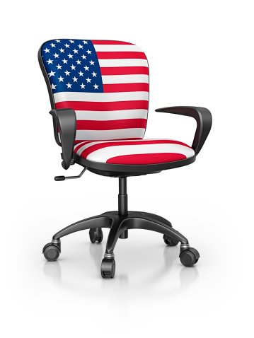 isolated office chair with american flag on the seat.3d render.