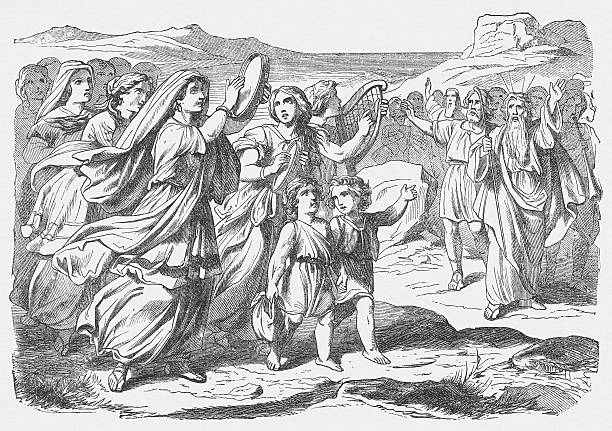 Miriam's song of praise (Exodus 15), wood engraving, published 1877 Miriam the prophetess, the sister of Aaron, took a hand-drum in her hand, and all the women went out after her with hand-drums and with dances. Miriam sang in response to them, “Sing to the Lord, for he has triumphed gloriously; the horse and its rider he has thrown into the sea.” (Exodus, Chapter 15, 20-21). Woodcut engraving after a drawing by Julius Schnorr von Carolsfeld (German painter, 1794 - 1872), published in 1877. sing praise stock illustrations