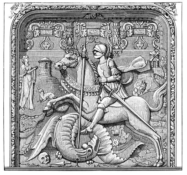 ilustrações, clipart, desenhos animados e ícones de são jorge matando o dragão - dragon fantasy knight warrior