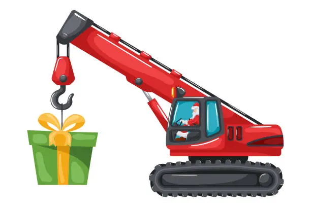 Vector illustration of Santa Claus driving a telescopic crane crawler or chain crane lifting a gift box. Merry christmas. Celebrating the beginning of a happy new year. Heavy machinery in the construction industry