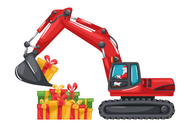 istock Santa Claus driving a tracked or crawler excavator loading boxes of gifts. Merry christmas. Celebrating the beginning of a happy new year. Heavy machinery in the construction industry 1850068306