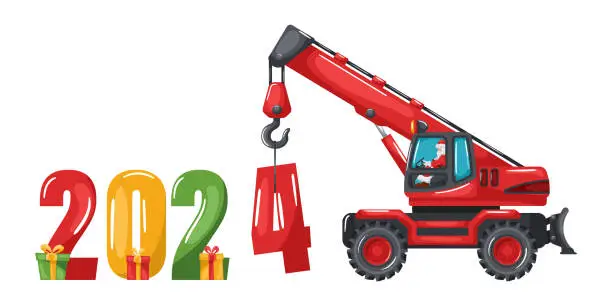 Vector illustration of Santa Claus driving red wheeled telescopic crane placing the year 2024. Merry christmas. Celebrating the beginning of a happy new year. Heavy machinery used in the construction industry