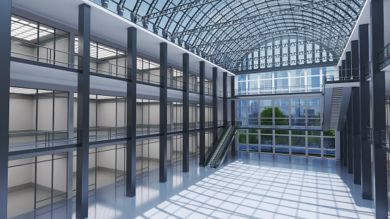 Atrium in a mall, transparent glass ceiling and glass store facades. 3d illustration