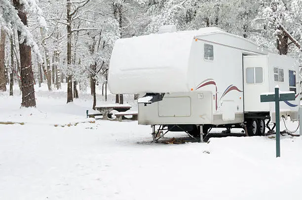 "Winter campsite with recreational vehicle fifth wheel trailer, horizontal with copy space."