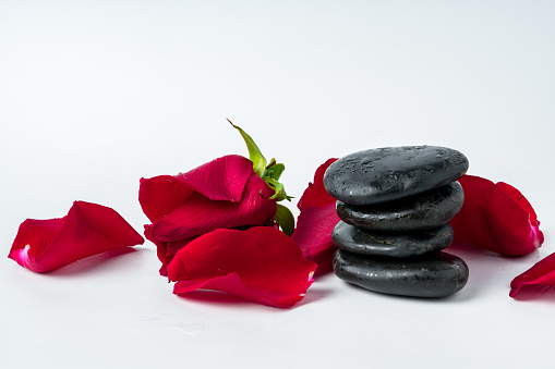 Spa stones and flowers on the white background close up