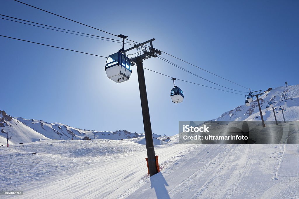 Overhead cable car - ski resort in Alps Mountains "High mountain landscape with overhead cable car. Tignes ski area. Tignes, mountain in the France Alpes, high altitude resort with a glacier peaking at 3.456 meters.  The grain and texture added." Overhead Cable Car Stock Photo