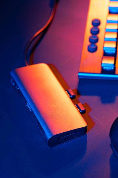 istock Multi port cardreader near computer keyboard on black background close up 1850081980