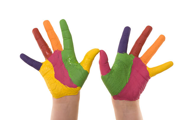 istock Child hands painted in colorful paints 185008594