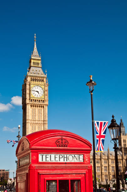 di telefono rosso a londra e il big ben - telephone booth telephone london england red foto e immagini stock