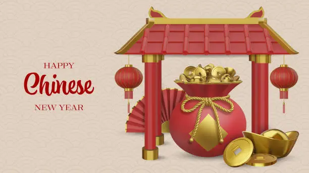 Vector illustration of chinese new year background with 3d elements. chinese new year banner with realistic temple gate, lucky bag with coins and ingots and folding fan