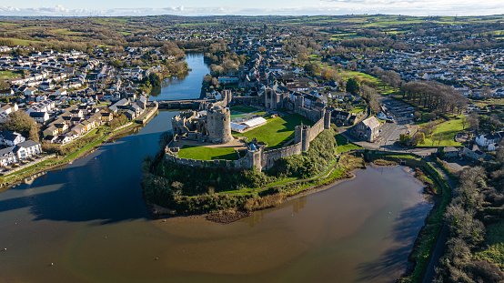 Aerial photo from a drone of Pembroke Castle in Pembroke, Pembrokeshire, Wales, UK.