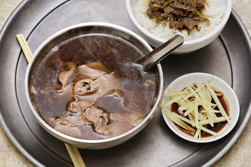 Beef soup is often eaten as breakfast in Tainan. Taiwanese food.