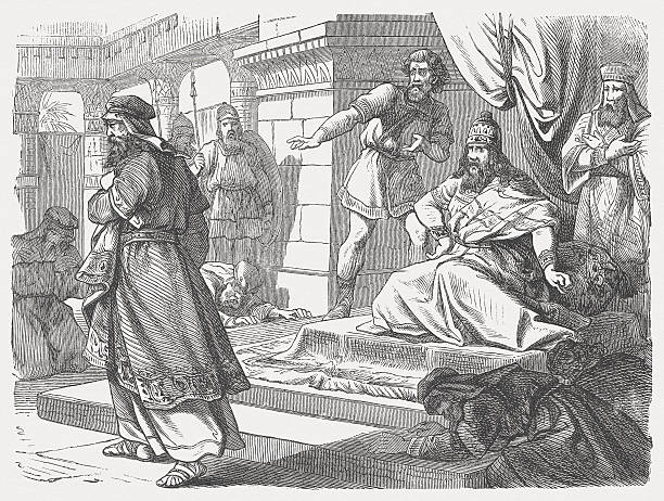 Mordecai "Mordecai denied the genuflection before Haman (Esther, Chapter 3). Woodcut after a drawing by Julius Schnorr von Carolsfeld (German painter, 1794 - 1872) from my archive, published in 1877." esther bible stock illustrations