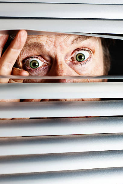 istock Frightened old woman peeps through venetian blinds 185010232