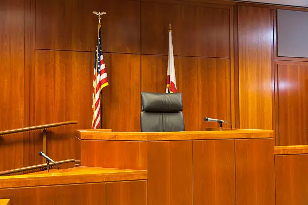 Photo of Courtroom Witness Stand and Bench