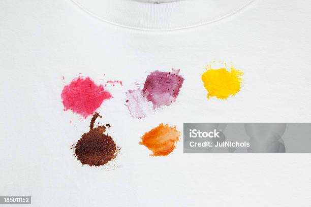 Various Food Stains On A White Cotton Sweatshirt Stock Photo - Download Image Now - Stained, Textile, Blueberry