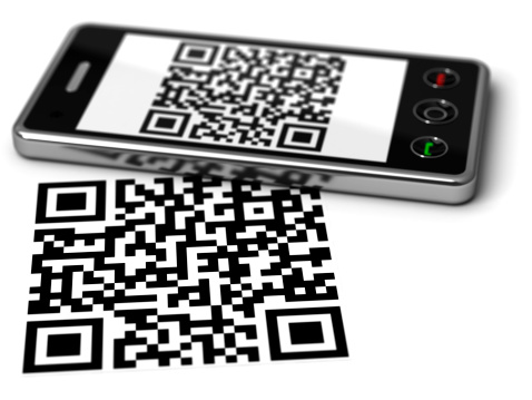 Man scanning QR code with smartphone on white background, closeup