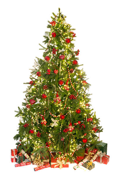 istock Decorated Christmas tree and presents on a white background 185011759