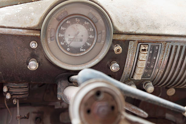 istock dusty vintage car speedometer and dash board 185012126
