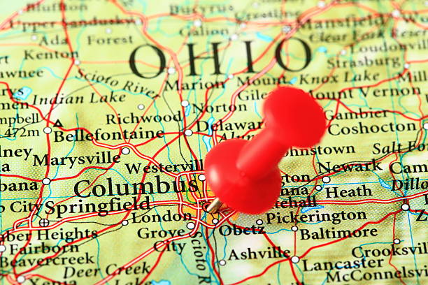 Columbus Map, Ohio - USA "Columbus Map. Source: ""Reference Atlas of the World""" usa road map selective focus macro stock pictures, royalty-free photos & images