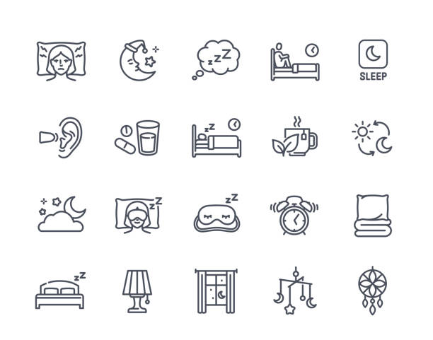Vector Set of Sleep Related Line Icons Set of Sleep Related Line Icons. Woman lying at pillow in sleeping mask. Rest, relax and recuperation. Mental issues, disorder and insomnia. Linear flat vector collection isolated on white background drawing of mattress stock illustrations