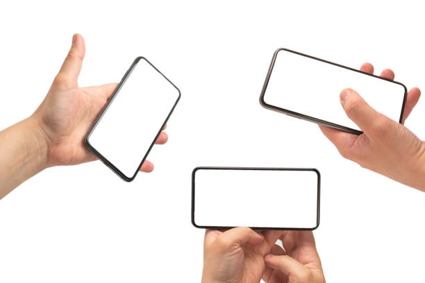 istock Smart phone in man hand isolated on white background.  White screen. 1850126302