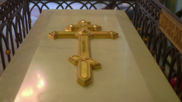 Marble coffin with Orthodox cross of Russian Tsar in Peter and Paul Cathedral Saint Petersburg