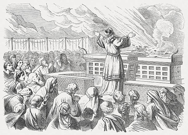 Aaron before the altar (Leviticus 9), wood engraving, published 1877 "The Burnt Offering for the Priests (Leviticus, Chapter 9). Woodcut after a drawing by Julius Schnorr von Carolsfeld (German painter, 1794 - 1872) from my archive, published in 1877." smoke signal stock illustrations