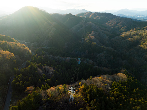 Aerial view of steel towers, power transmission lines, electric lines, and high-voltage lines built in the mountains with autumn leaves illuminated by the setting sun