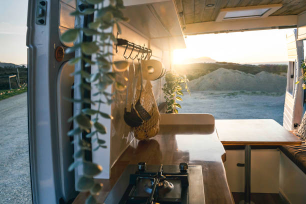 istock Interior of a handcrafted Nordic style camper van 1850132681