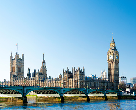 Big Ben and the Palace of Westminster (British Parliament building) and Westminster Bridge, London, England on a clear blue sky summers day.
