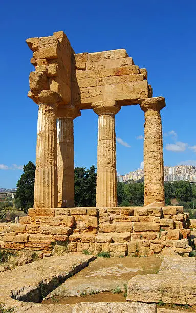 Ruins of Temple of Castor and Pollux (Dioscuri), from Agrigento (Sicily), one of the greeks temple of Italy (Magna Graecia).  The ruins are the symbol of Agrigento city.