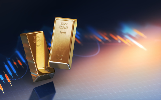 3d render Realistic Gold Bars on Finance Graph Background, Concepts such as Finance, Wealth, Country development, Depth Of Field