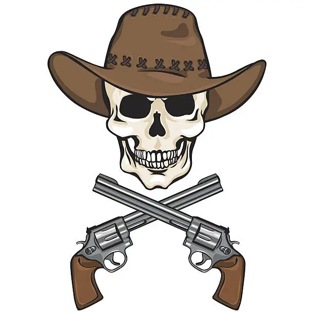 Vector illustration of vector character - skull cowboy and crossed revolvers