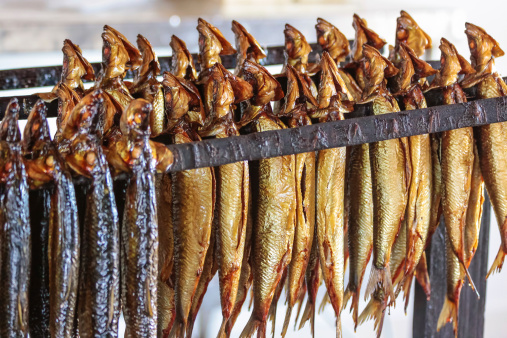 Smoked fish (mackerel) in a smokehouse in Hasle on Bornholm, Denmark