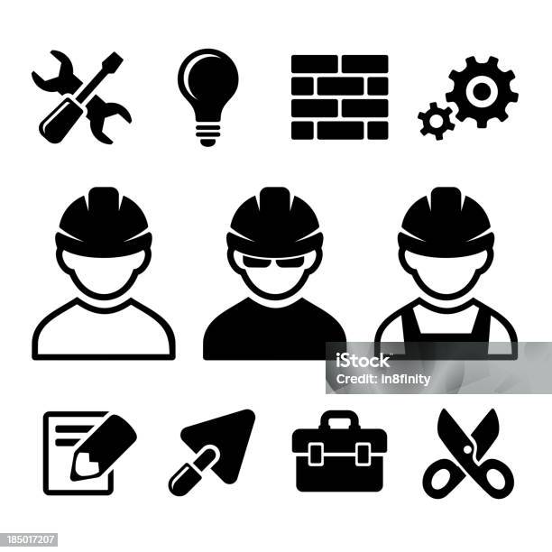 Industrie Arbeiter Icons Set Stock Vektor Art und mehr Bilder von Bauarbeiterhelm - Bauarbeiterhelm, Industrieberuf, Abstrakt